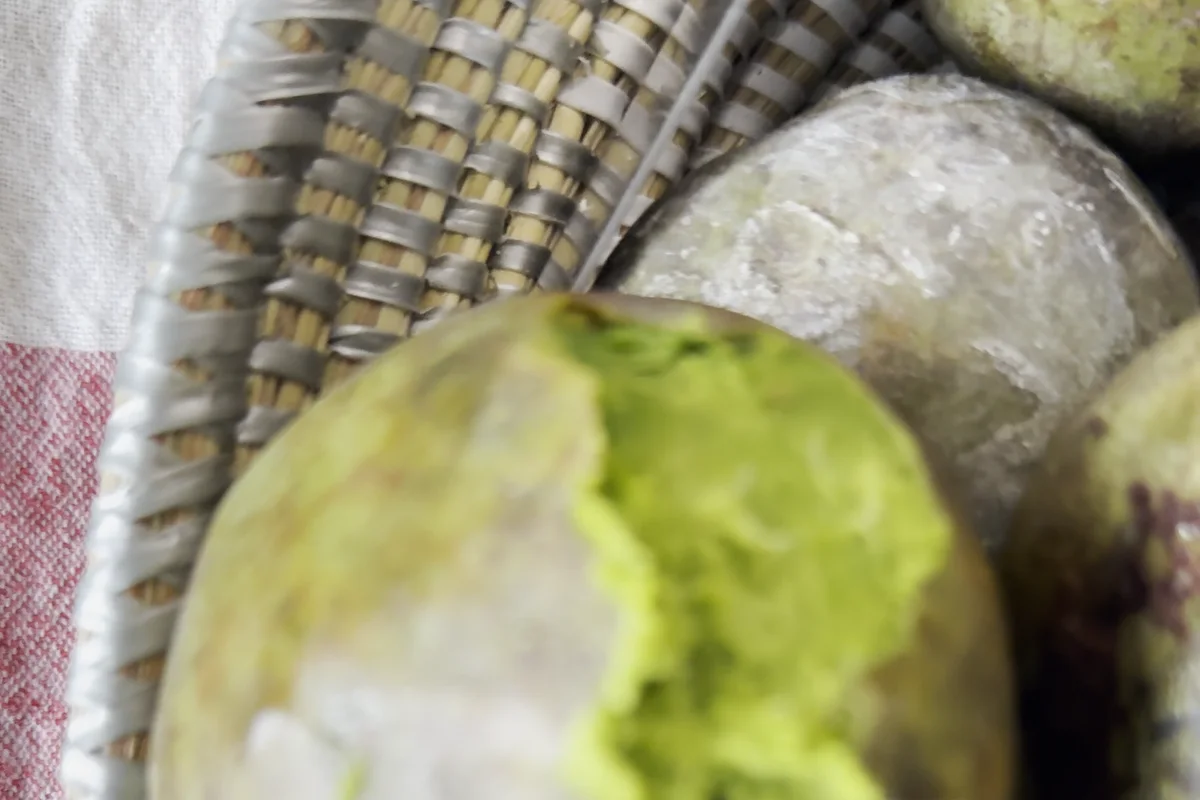 Ditakh ouvert : la coque gris-vert et la pulpe vert vif à l'intérieur