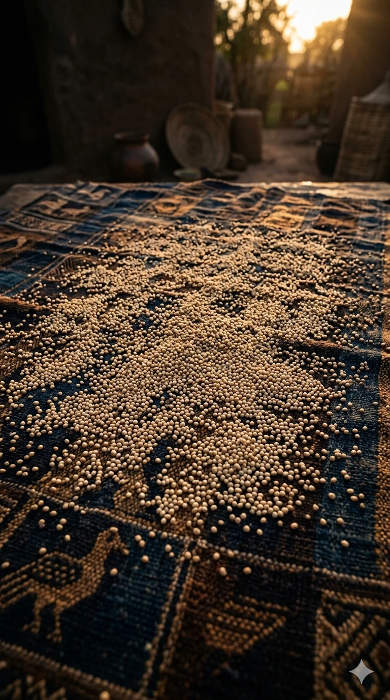 Grains de fonio étalés sur un tissu tissé traditionnel indigo, au soleil couchant