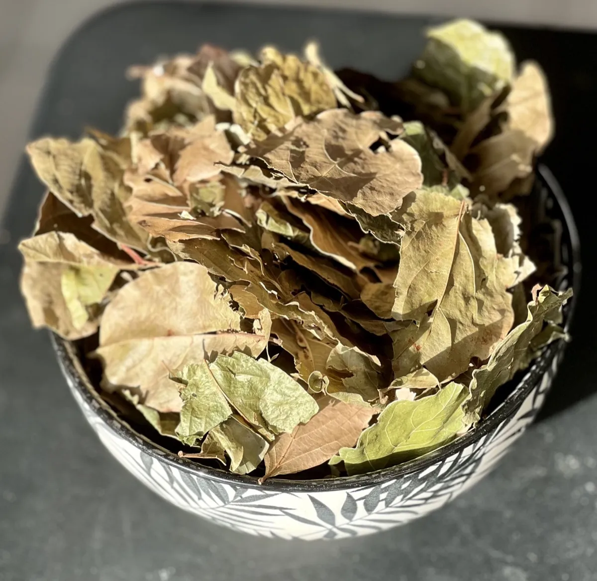 Feuilles de kinkeliba séchées au soleil dans un bol, prêtes à infuser